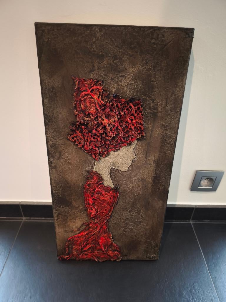 Tableau - peinture en relief - abstrait 60 x 30 cms, Antiquités & Art, Enlèvement ou Envoi