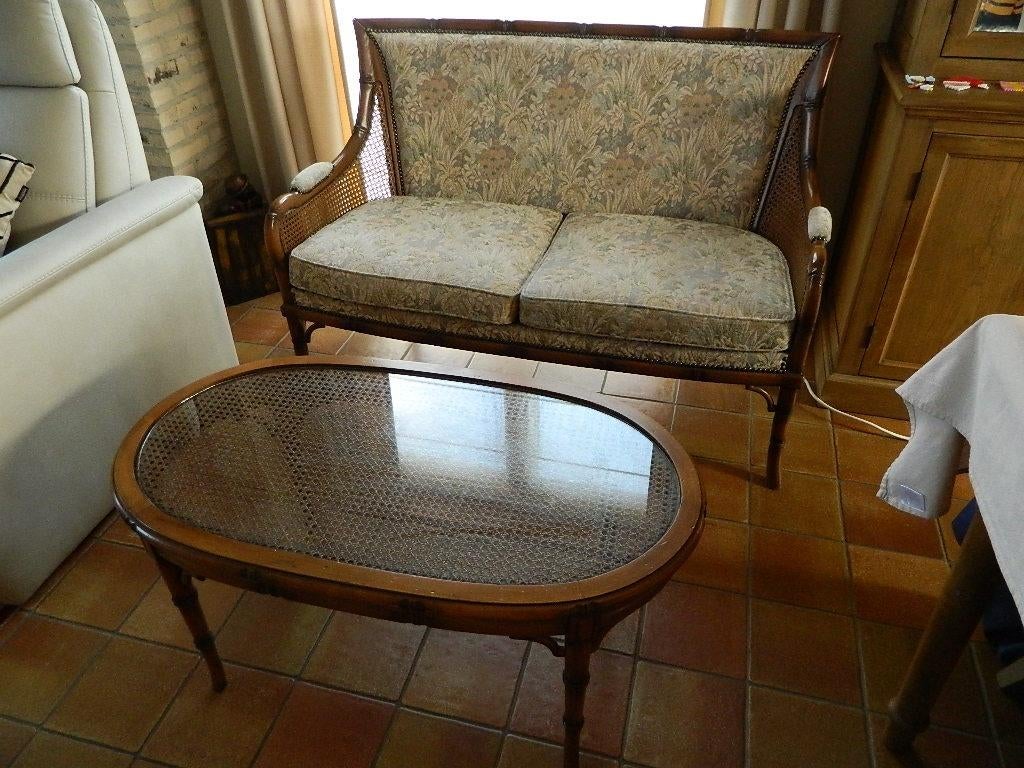 TABLE DE SALON RÉTRO À 2 SIÈGES SIMPLES ET DOUBLES BAMBOU, Enlèvement, Comme neuf, Tissus, Retrolook stoffen salon prachtige stijl