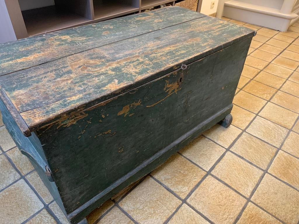 Oude houten dekenkist / opbergkist – vintage groene patina, Huis en Inrichting, Woonaccessoires | Kisten, Ophalen, Gebruikt