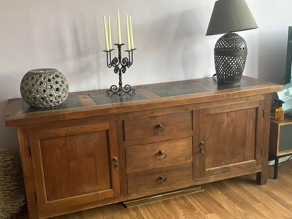 Buffet teck avec plateau en pierre bleue, Enlèvement, Comme neuf, Teck, Avec tiroir(s)