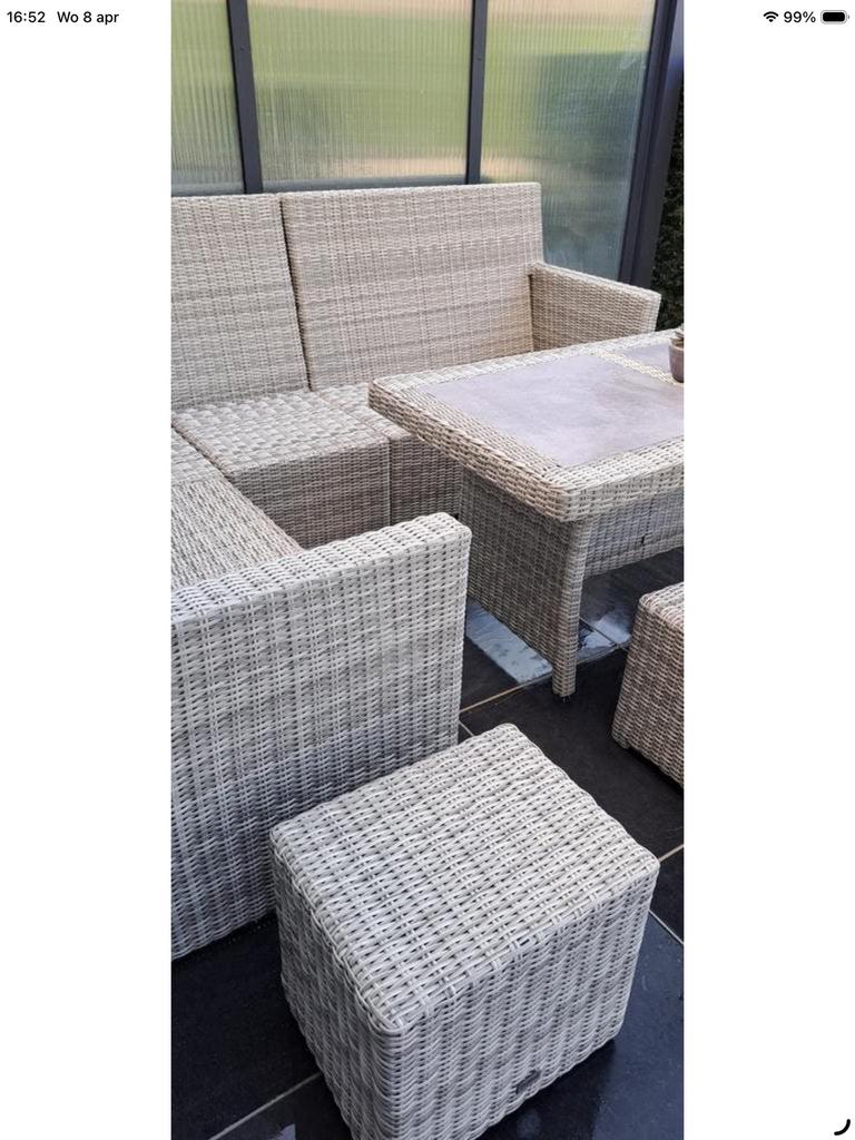 Beige loungeset met zwarte kussens, Tuin en Terras, Ophalen, Zo goed als nieuw