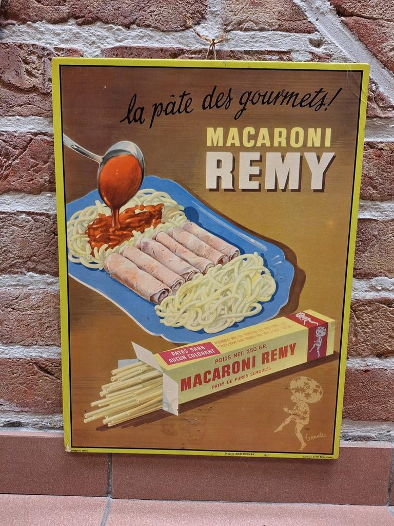 Reclame bord 1957 Macaroni Remy Wijgmaal Cappiello, Verzamelen, Ophalen of Verzenden, Gebruikt, Reclamebord