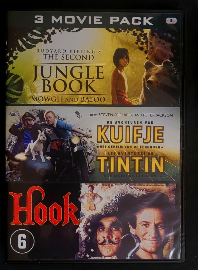 Coffret 3 DVD Le livre de la jungle + Tintin + Hook, Tous les âges, Enlèvement ou Envoi, Comme neuf, Coffret