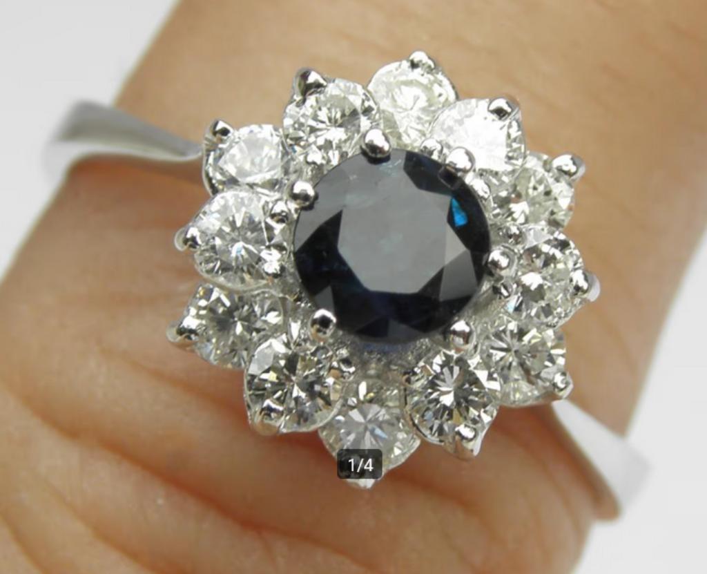 Bague en Or blanc 14crt. avec saphir et diamants (1.20crt)., Enlèvement ou Envoi, 18 à 19, Comme neuf, Or