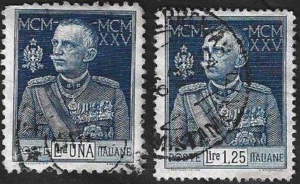 2 Postzegels Italië 1925 Koning Viktor Emanuel III, Ophalen of Verzenden, Gestempeld
