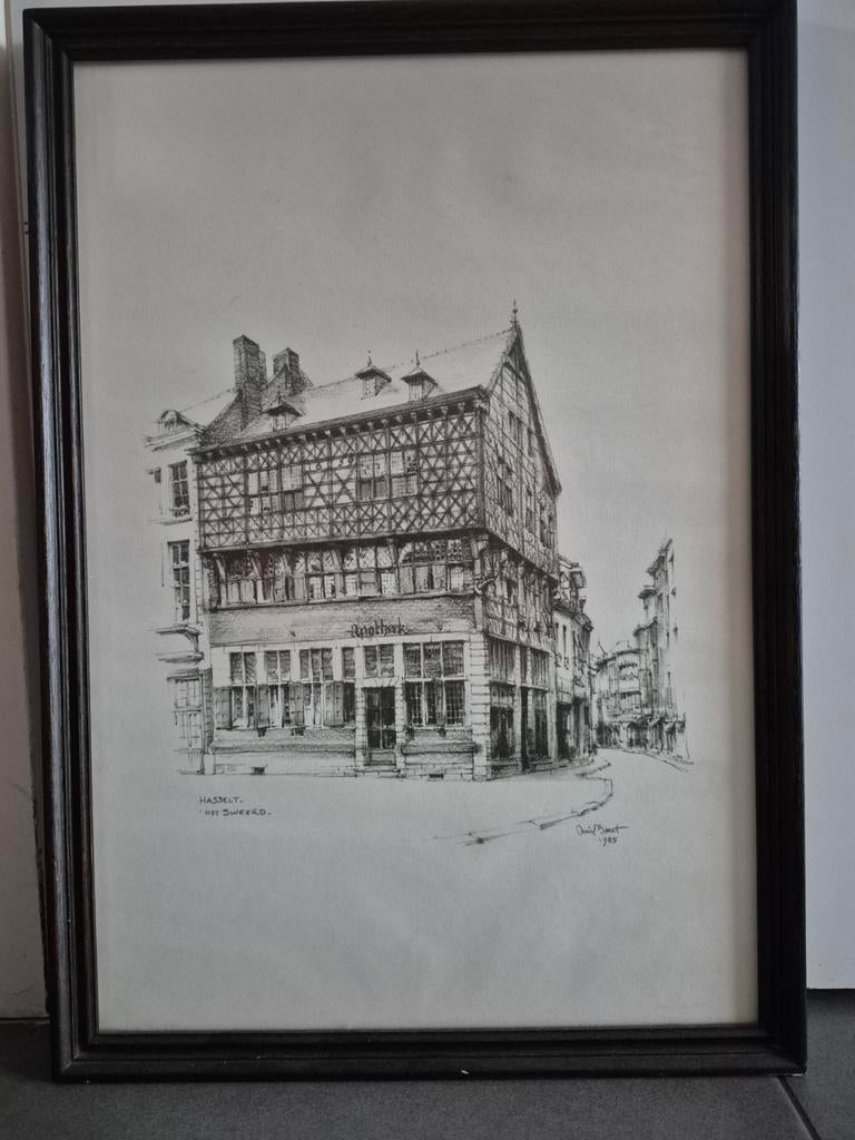 Tekening Het Sweert, Grote Markt Hasselt. Miel Baert 1985, Antiquités & Art, Enlèvement