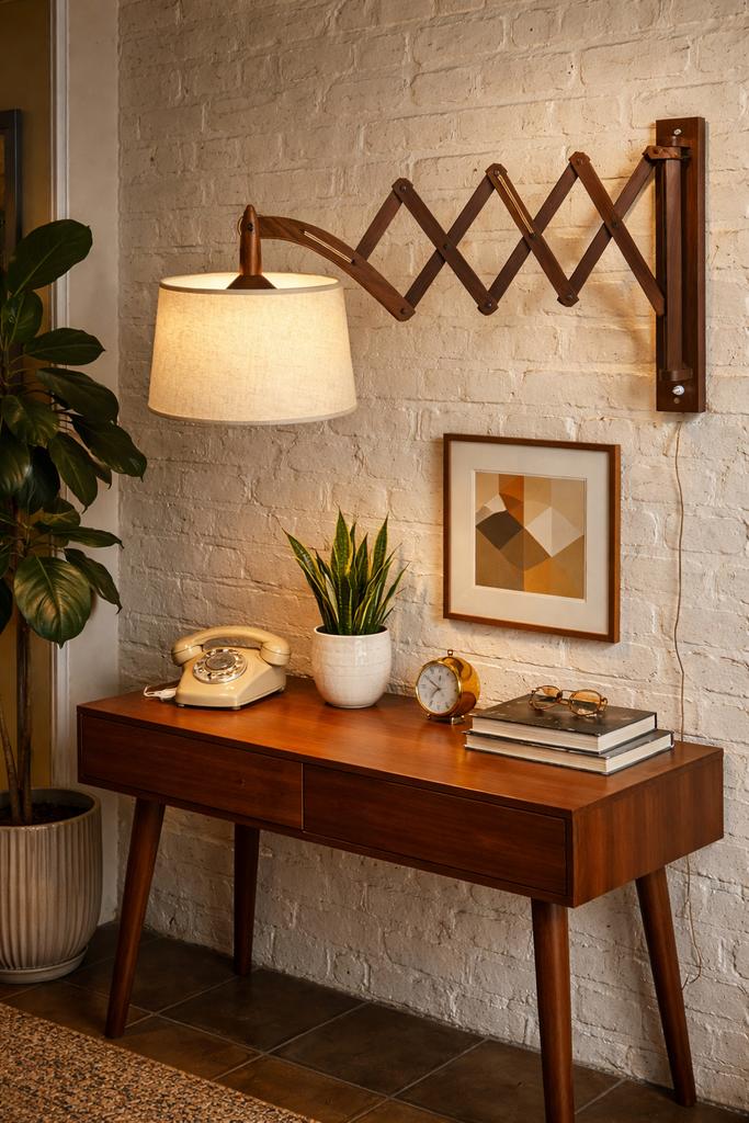 Lampe ciseaux vintage applique extensible style scandinave, Maison & Meubles, Enlèvement ou Envoi, Utilisé, Bois, Mid century vintage