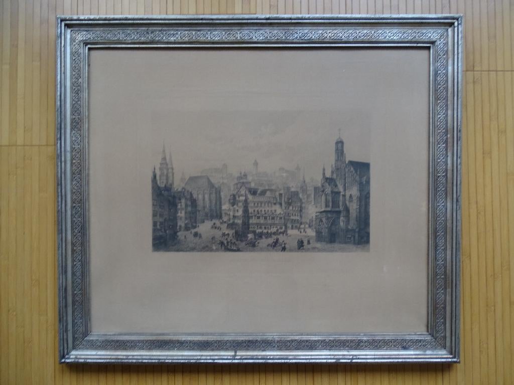 Grand cadre Art Deco - Marché de Nuremberg, Maison & Meubles, Enlèvement ou Envoi, Utilisé, Bois, 75 à 100 cm