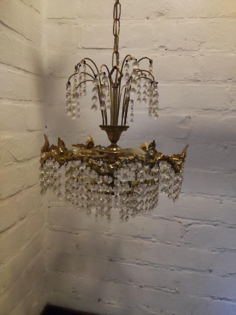 Antieke kristallen luster 3 lichtpunten, Antiek en Kunst, Ophalen