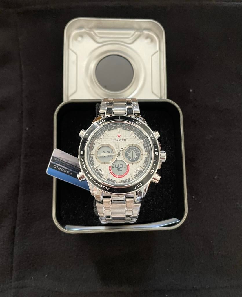 Montre homme FREDRIC Dual Time NEUVE – jamais portée + boîte, Autres marques, Enlèvement ou Envoi, Acier, Acier