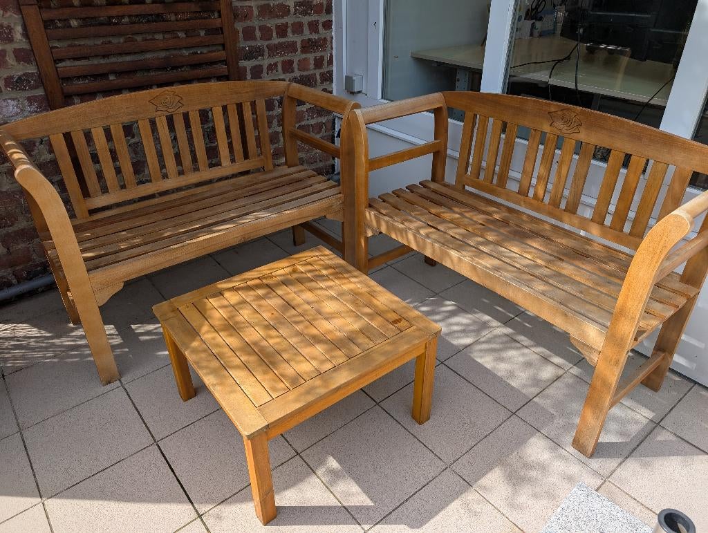 Bancs & table de jardin - acacia, Tuin en Terras, Tuinbanken, Ophalen, Gebruikt, Hout