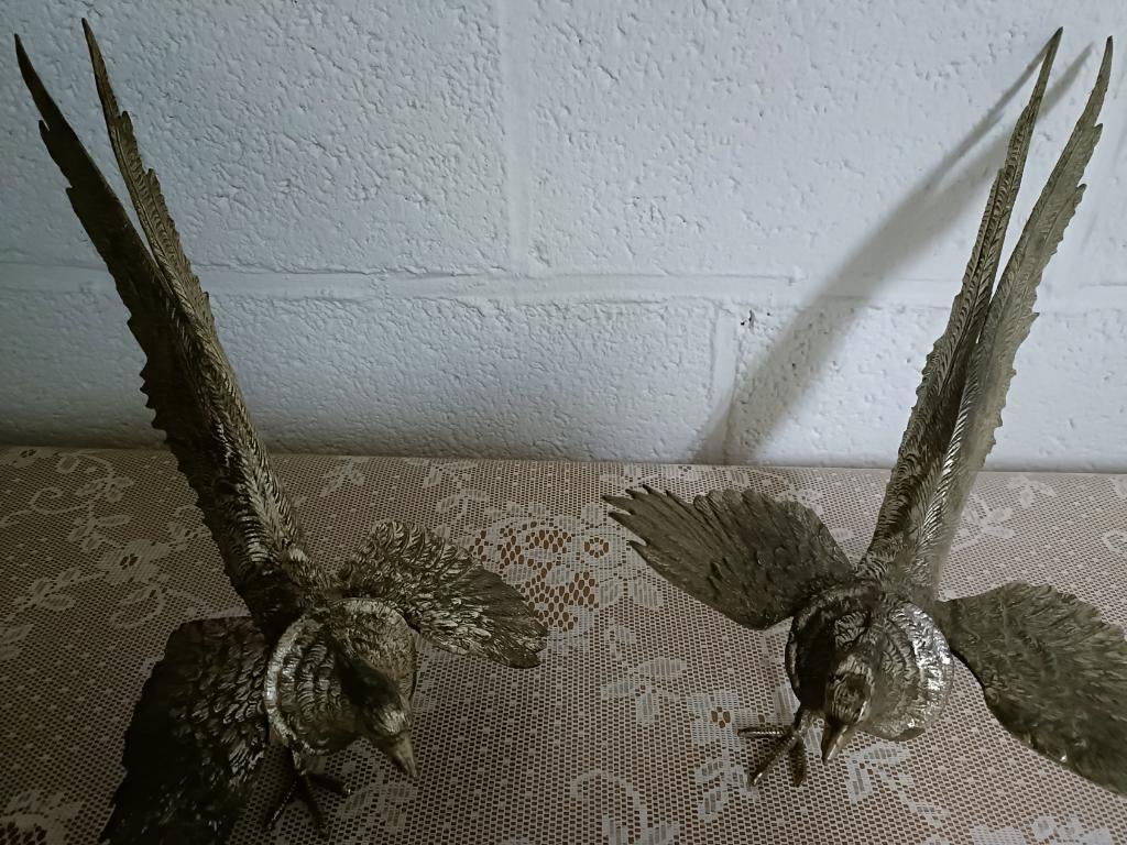 Verzilverde Bronzen Fazanten – Vintage Set uit ca. 1950, Antiek en Kunst, Antiek | Brons en Koper, Ophalen, Brons