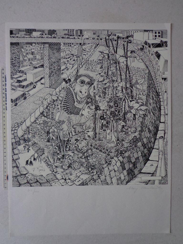 Typische litho May Claerhout "Moestuin in de stad", Ophalen of Verzenden