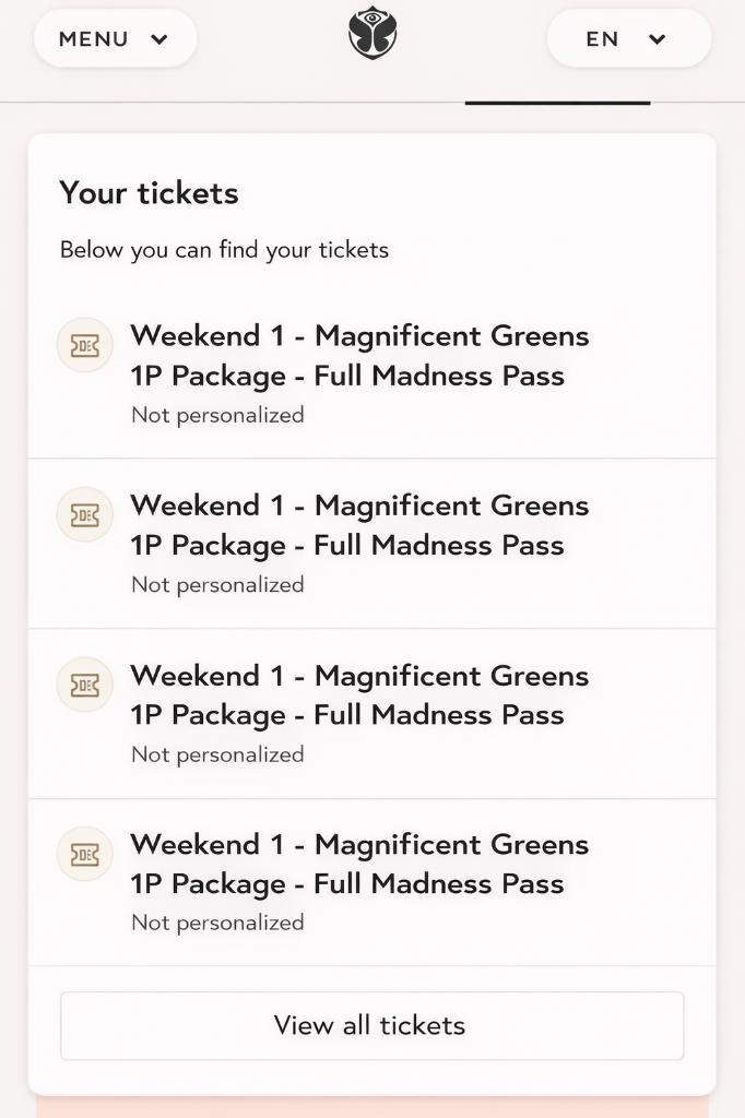 Tomorrowland Magnificent Greens 1p with full madness pass W1, Tickets en Kaartjes, Drie personen of meer, Meerdaags