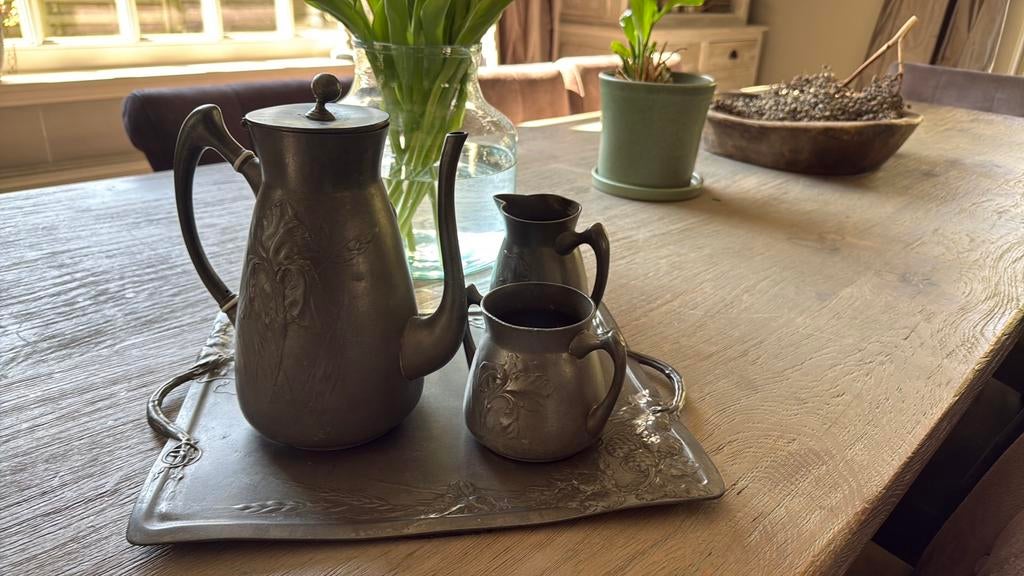 Prachtig antiek tinnen koffieset met plateau, Ophalen, Gebruikt, Overige vormen, Overige materialen