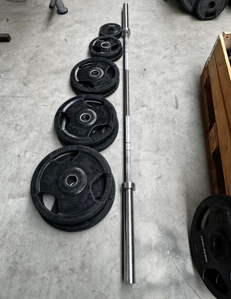 105kg Olympische Gewichten + Olympische Barbell 220cm, Sport en Fitness, Fitnessmaterialen, Gebruikt, Halterschijven, Ophalen