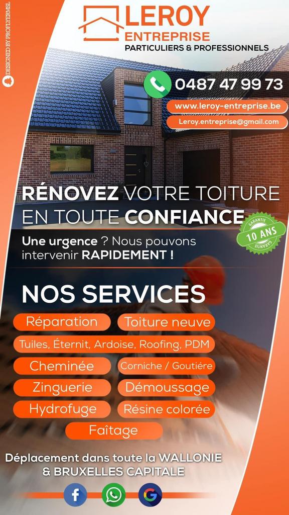 Dakbedekking Ets Leroy, Diensten en Vakmensen, Dakdekkers en Rietdekkers, Bitumineus, Kunststof, Pannen, 24-uursservice, Garantie
