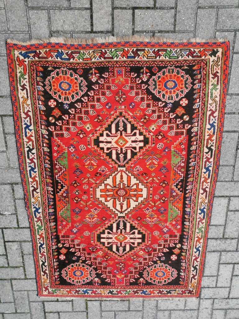 Vintage handgeknopte wolen tapijt Shiraz Iran, Antiek en Kunst, Ophalen