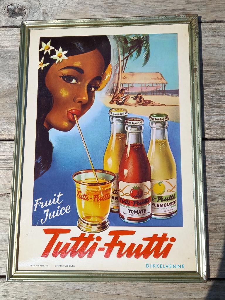 panneau publicitaire 1950 Tutti Frutti limonade Dikkelvenne, Collections, Enlèvement ou Envoi, Comme neuf, Panneau publicitaire