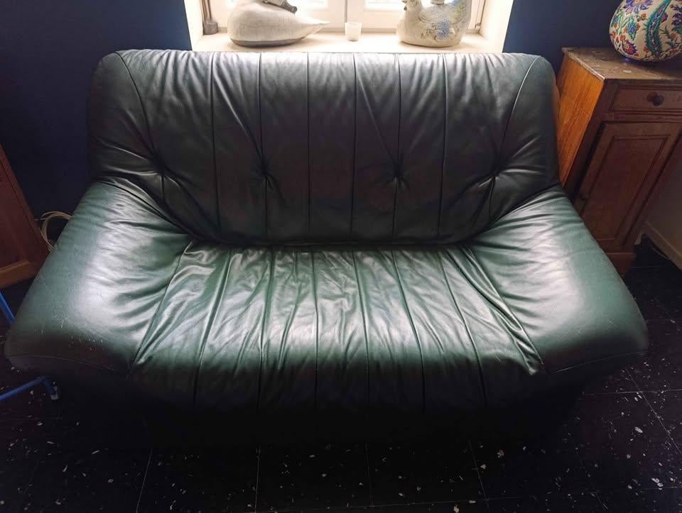 Flesgroene leren bank, Huis en Inrichting, Zetels | Zetels, Ophalen, Gebruikt, Tweepersoons, Leer