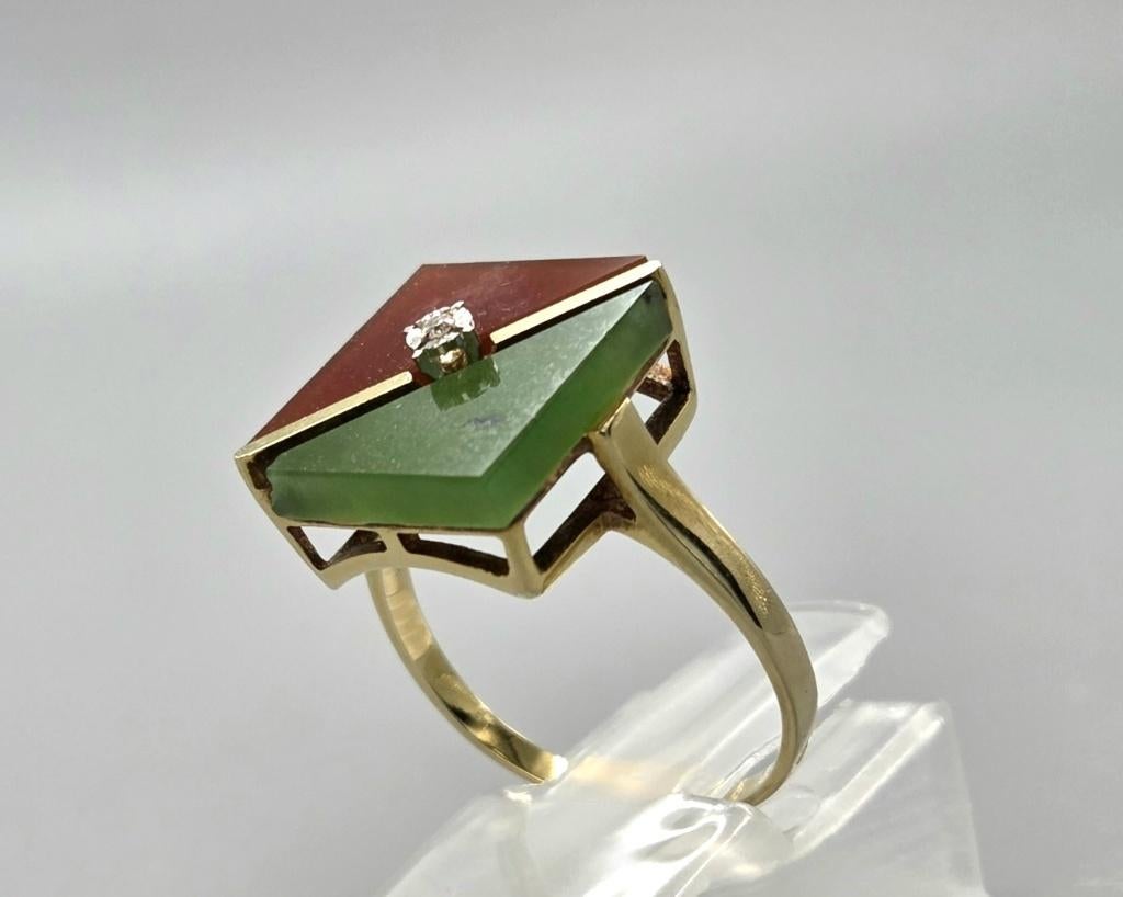 Gouden Vintage ring carneool aventurijn diamant. 2026/193., Handtassen en Accessoires, Antieke sieraden, Ophalen of Verzenden