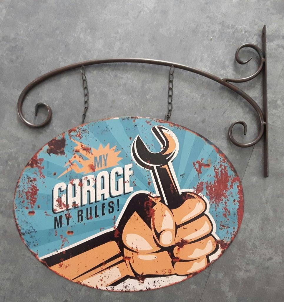 PANNEAU EN MÉTAL LOURD DOUBLE FACE MY GARAGE MY RULES, Collections, Marques & Objets publicitaires, Neuf, Panneau publicitaire