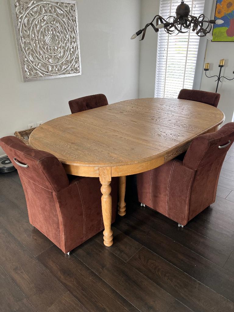 Tafel en 4 stoelen, Huis en Inrichting, Tafels | Eettafels, Ophalen, Gebruikt, Eikenhout