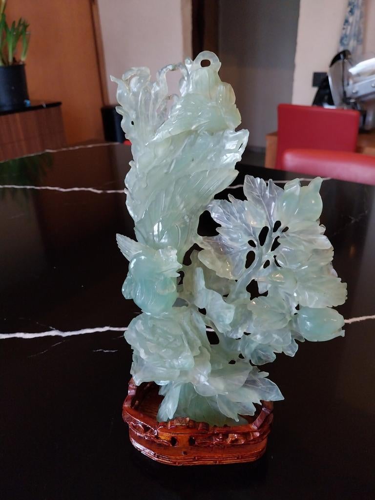 Paon et fleurs sur le thème du jade, Antiquités & Art, Enlèvement ou Envoi