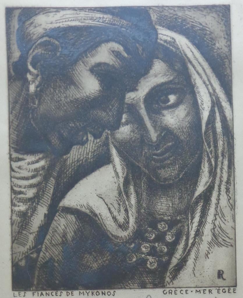 FERNAND ROUSSEAUX / FIANCES MYKONOS / ZW-W ETS 46x34cm KADER, Antiek en Kunst, Kunst | Etsen en Gravures, Ophalen of Verzenden