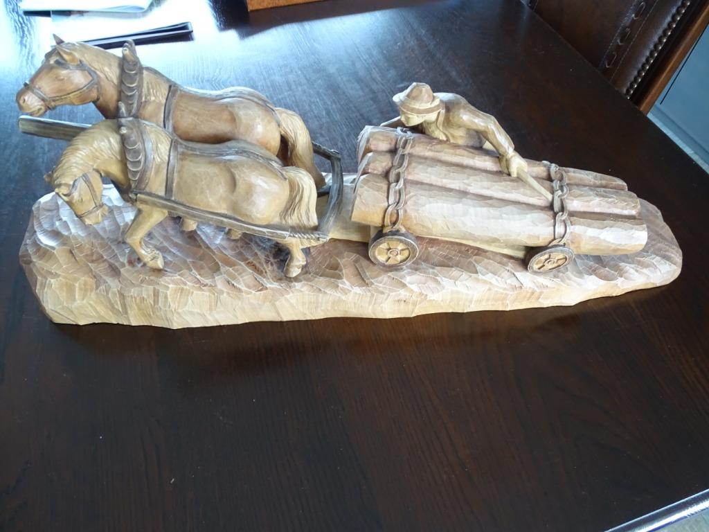 houten beeld trekpaarden met kar met bomen en boer, Ophalen, Hout, Beeld