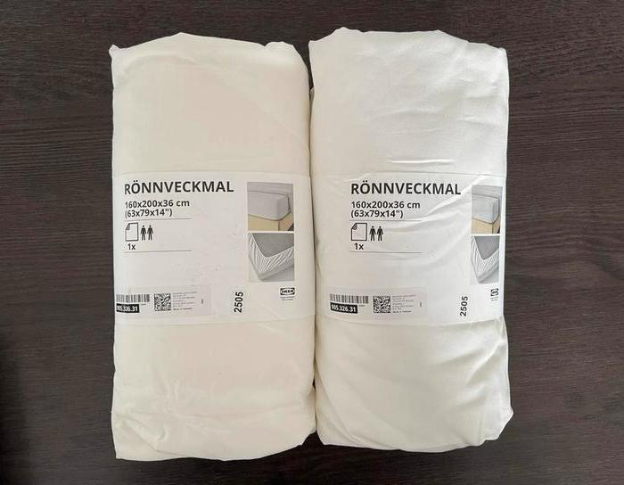 Lot de 2 Ikea RÖNNVECKMAL Drap housse, blanc, 160x200 cm, Ophalen of Verzenden, Nieuw, Tweepersoons, Wit