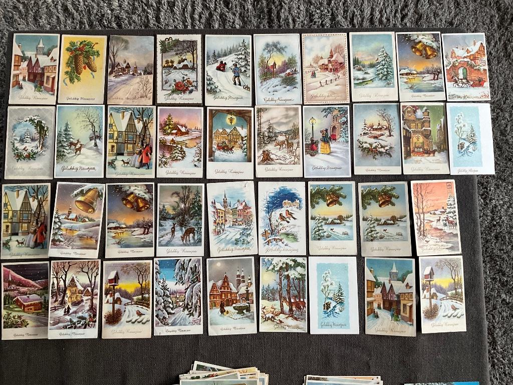 Gelukkig nieuwjaar, oude  wenskaarten jaren 50-60, gelopen, Ophalen