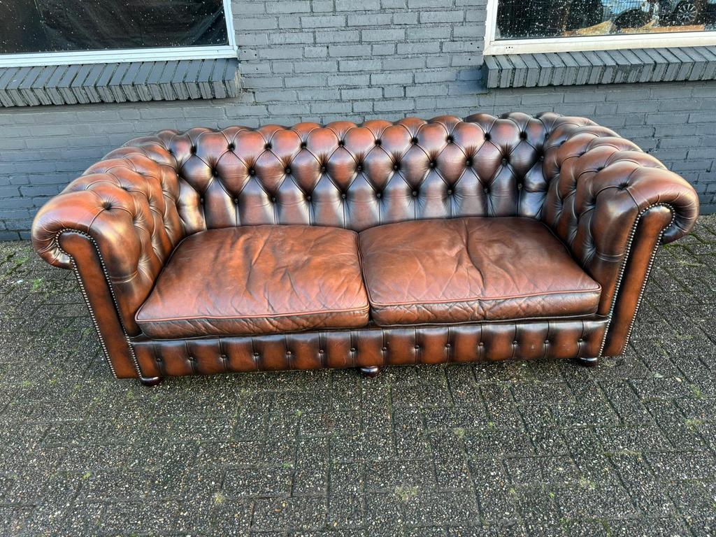 Engelse Chesterfield zetel bruin gevlamd GRATIS GELEVERD, Huis en Inrichting, Ophalen of Verzenden, Leer