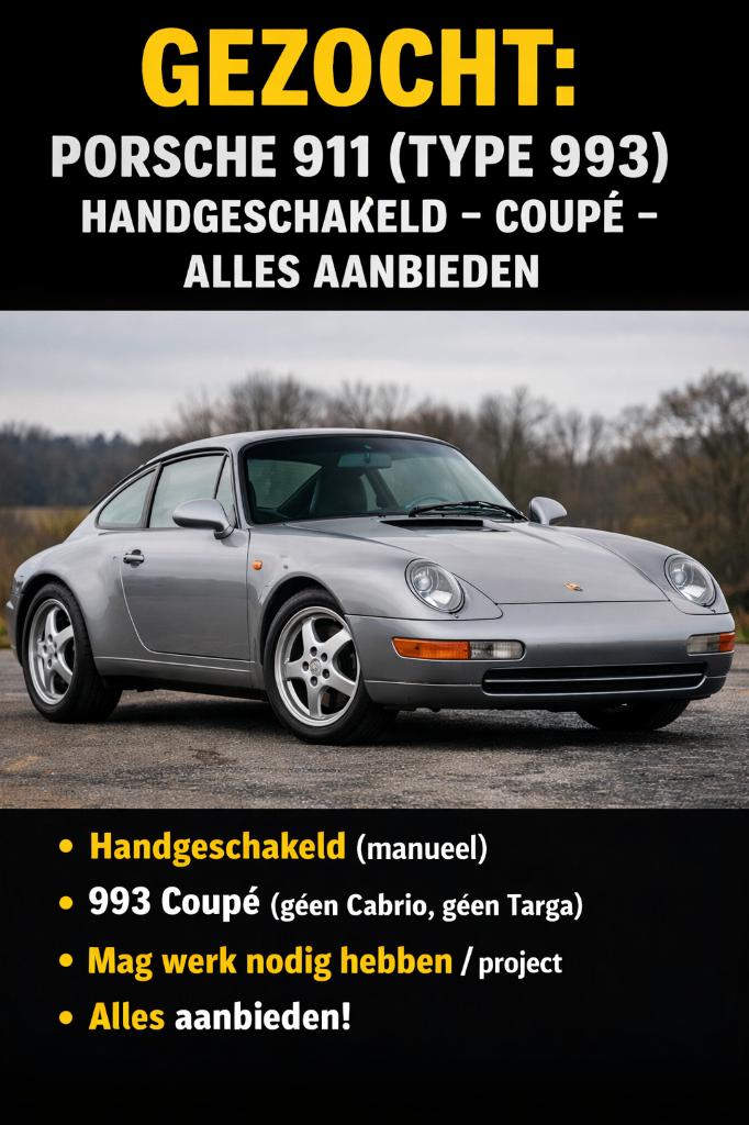 Gezocht Porsche 911 (type 993) Coupé, Auto's, Porsche, Particulier, Te koop, Coupé