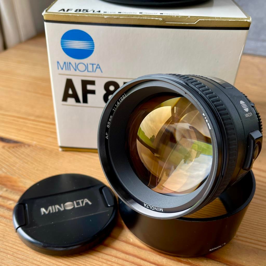 Minolta AF 85 mm f/1.4 – complet avec boîte – Monture Sony A, Enlèvement ou Envoi, Utilisé