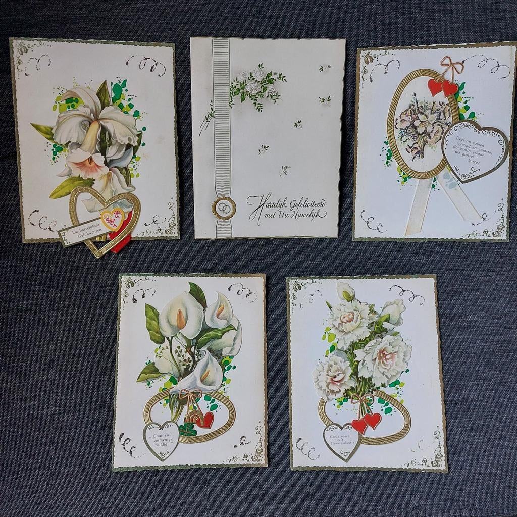 5 vintage wenskaarten huwelijk, Divers, Cartes de voeux, Enlèvement ou Envoi