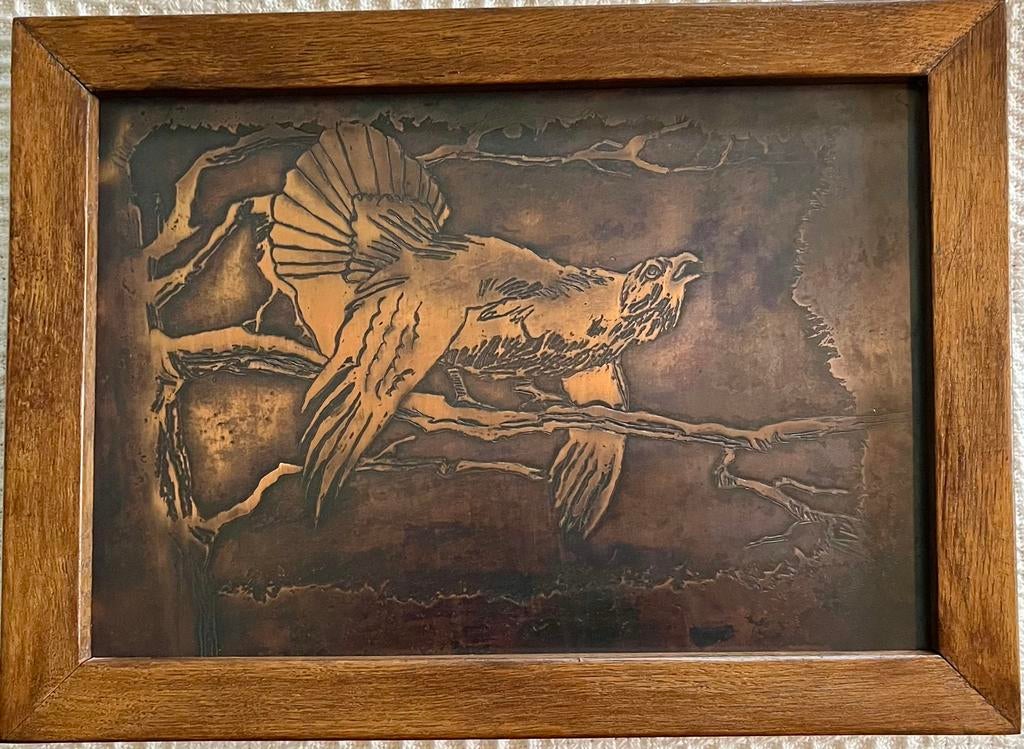 Koperreliëf – korhoen – eikenhouten kader, Antiek en Kunst, Kunst | Schilderijen | Klassiek, Ophalen of Verzenden