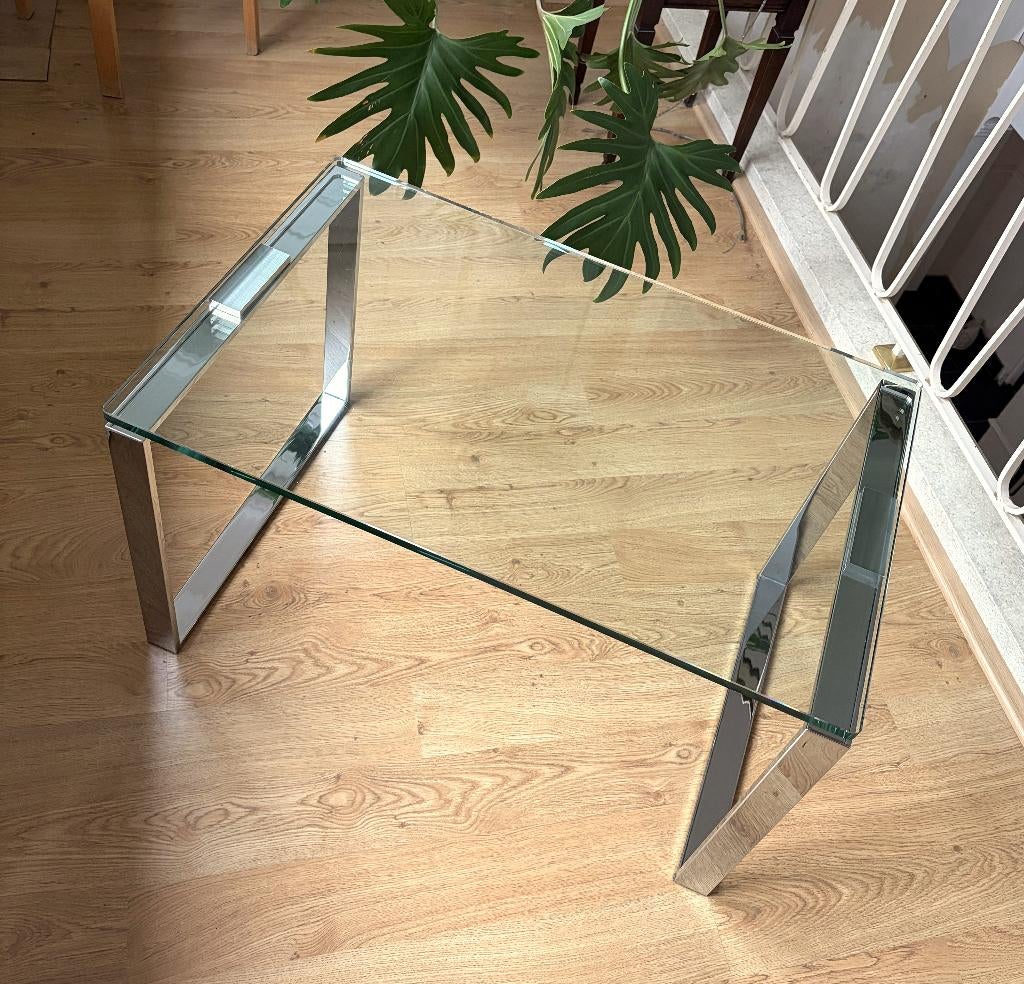 Vintage design glazen salontafeltje met chroom poten, Huis en Inrichting, Ophalen, Minder dan 45 cm, Gebruikt, 55 tot 75 cm