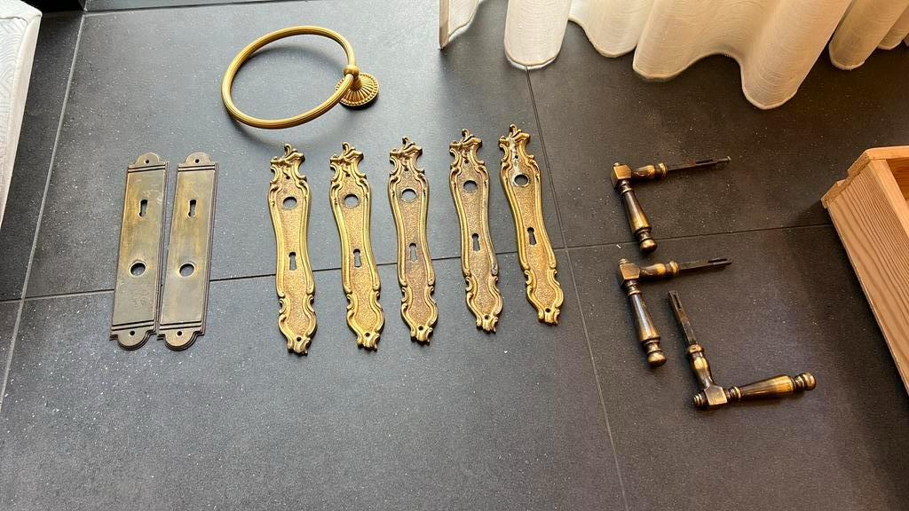 Antieke koperen klinken deurklinken deurbeslag messing, Ophalen, Gebruikt