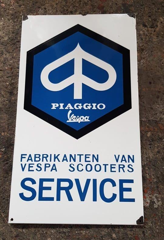Oud emaillen fabrikanten Vespa Piagio scooter service bord, Ophalen of Verzenden, Gebruikt, Reclamebord