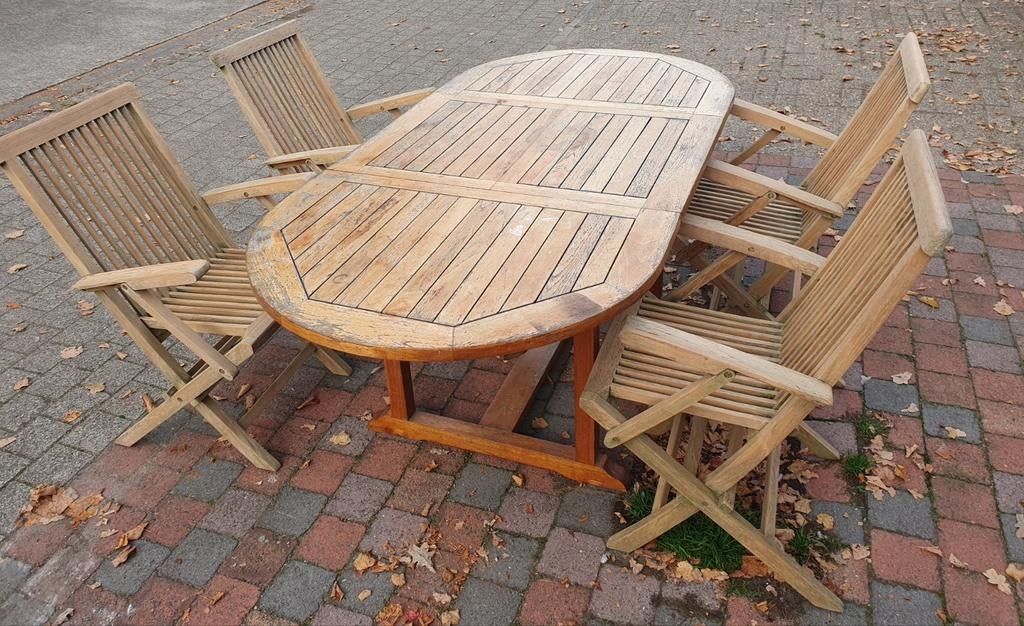 Mooi houten tuinset teak met 4x verstelbare stoelen, Ophalen, Tuinset