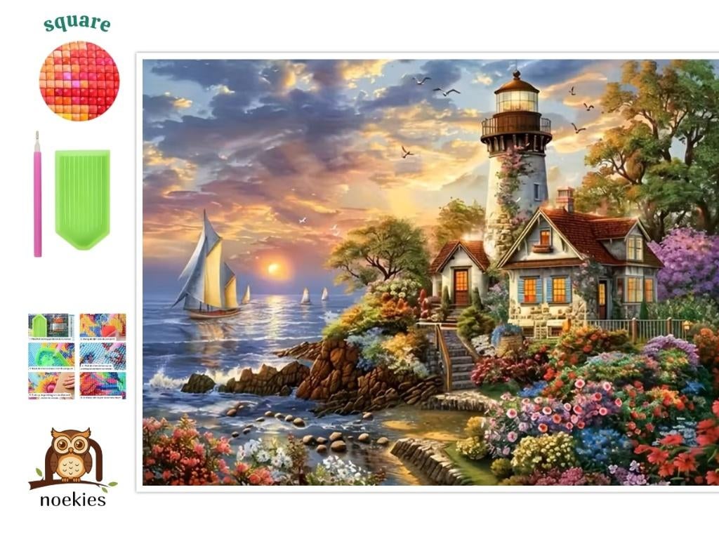 Peinture au diamant n 32 Coastal Beach House 40x50cm (carré, Hobby & Loisirs créatifs, Neuf, Zee en Strand, Multicolore, Autocollant