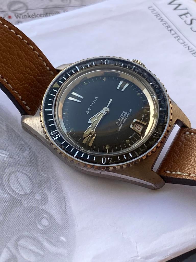 Betina Diver Automatic Vintage '60 (rare), Montre-bracelet, Enlèvement ou Envoi, Cuir, Acier