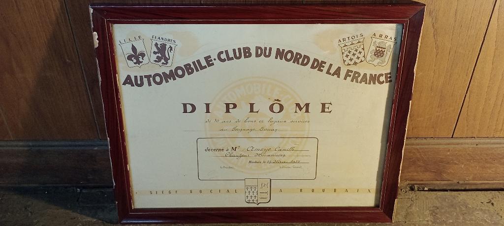 Diploma Automobile Club du Nord Frankrijk, Roubaix,1955,n439, Ophalen of Verzenden