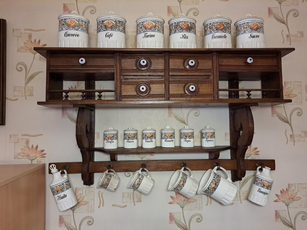 Etagère murale à épices + pots en faïence assortis, Enlèvement, Comme neuf