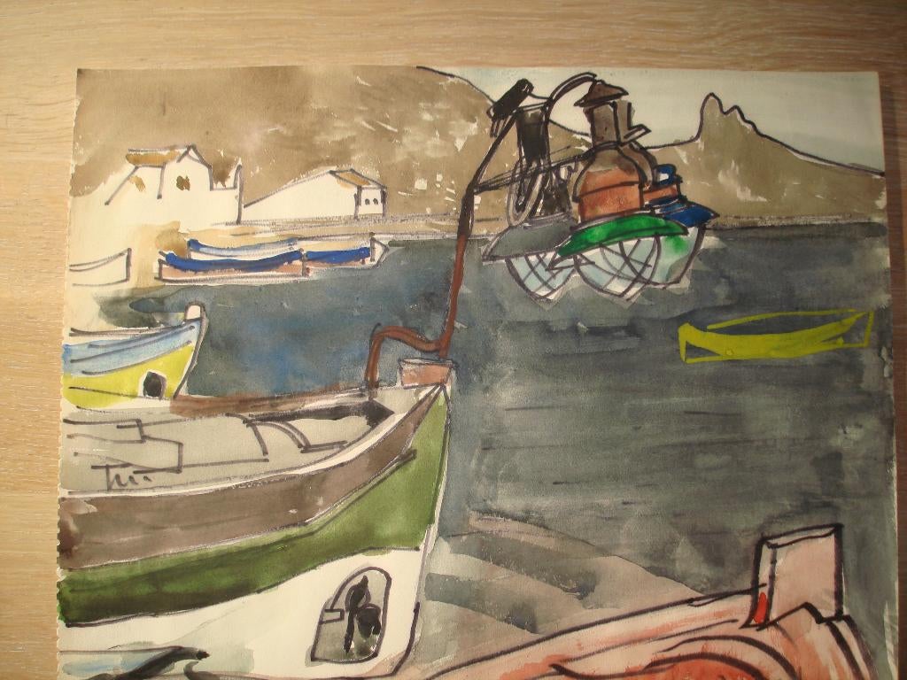 Ca1960 JACQUES MAES vissersboten sloepen aan kade, Frankrijk, Antiquités & Art, Art | Peinture | Moderne, Enlèvement ou Envoi