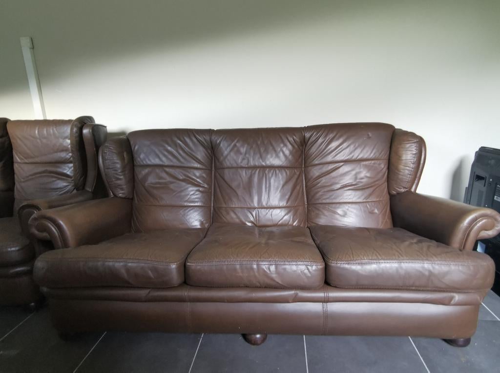 Lederen zetels vintage 80s 2x éénzit en 1x driezit, Huis en Inrichting, Zetels | Zetels, Ophalen, Gebruikt