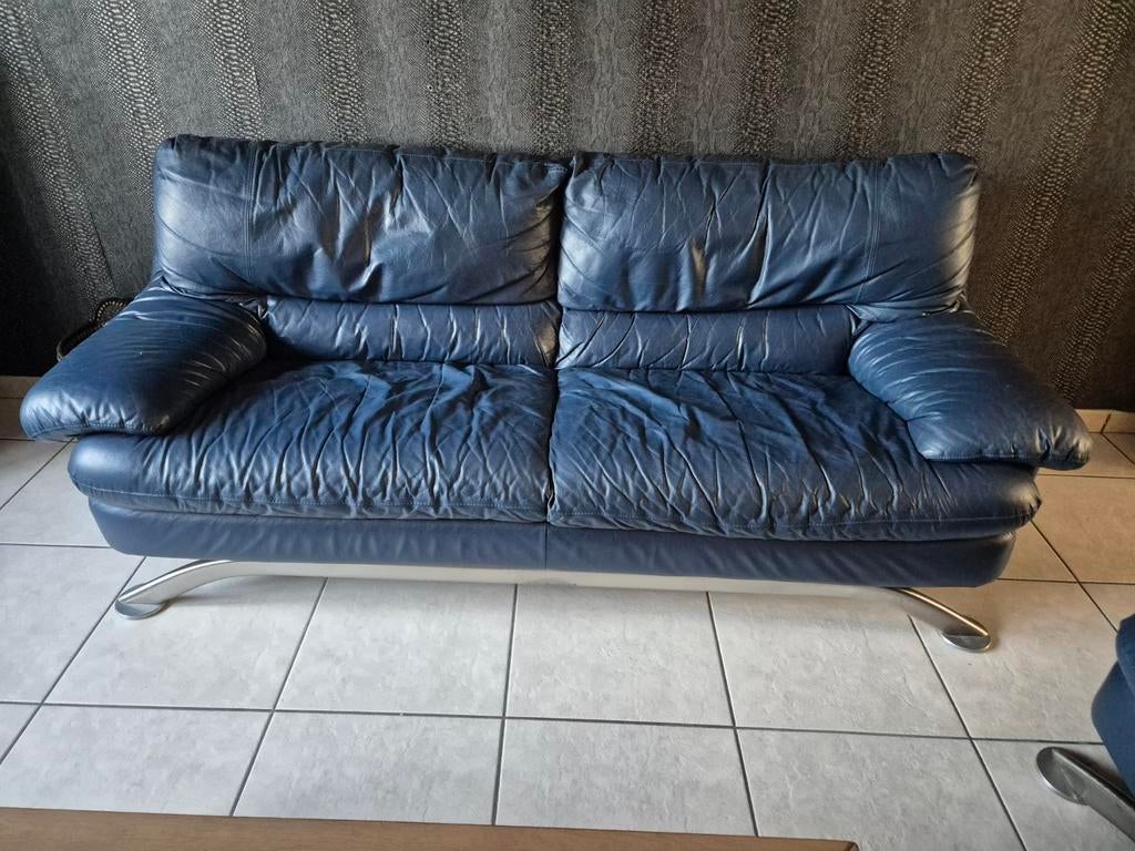 Salon en cuir véritable 3 + 2 places + meuble tv, Enlèvement, Cuir