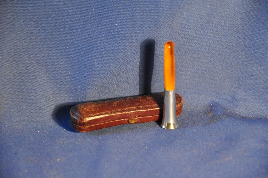§  porte cigarette ambre et argent avec etui, Verzamelen, Rookartikelen, Aanstekers en Luciferdoosjes, Gebruikt, Overige typen