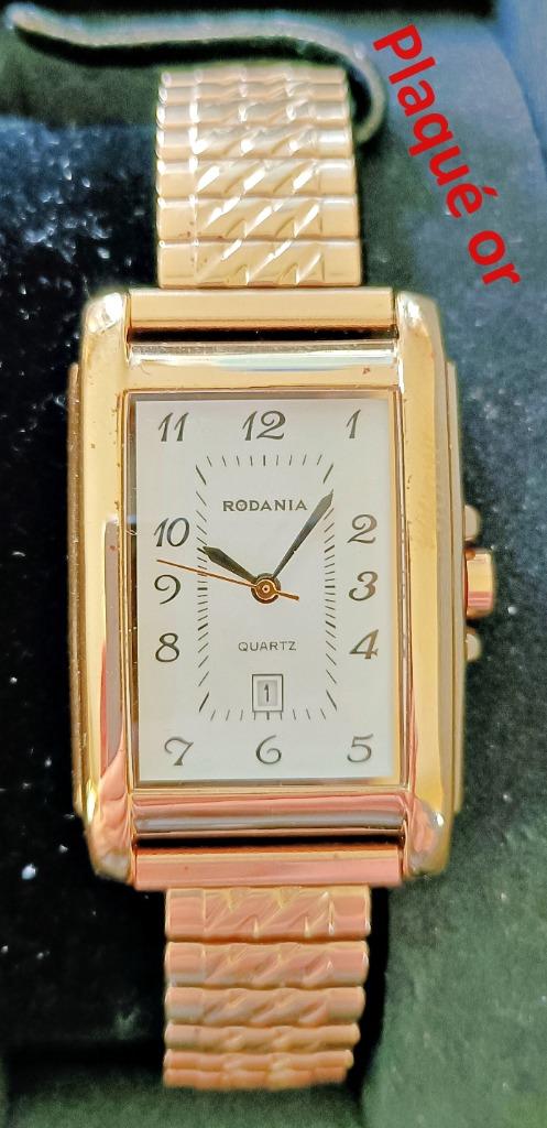 Montre homme RODANIA quartz plaqué or rectang., brac. ext., Enlèvement ou Envoi, Comme neuf